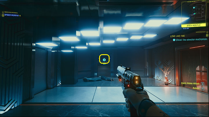 When you reach the elevator, open the door and place an explosive charge inside - Cyberpunk 2077: Love Like Fire walkthrough - Act 1 - Cyberpunk 2077 Guide