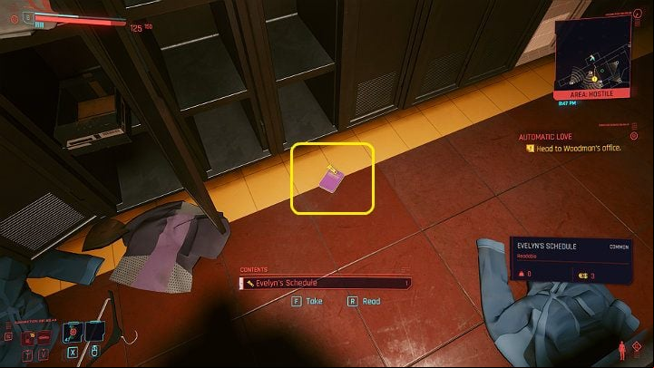 In the room opposite the control room, you will find a locker-room, and in there belongings of Evelyn and weapons - Cyberpunk 2077: Automatic Love walkthrough - Act 2 - Cyberpunk 2077 Guide