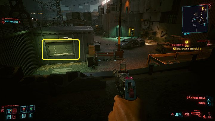 As soon as the guard starts walking to the right, jump on the street and approach the hatch in the opposite building - Cyberpunk 2077: Disasterpiece walkthrough - Act 2 - Cyberpunk 2077 Guide