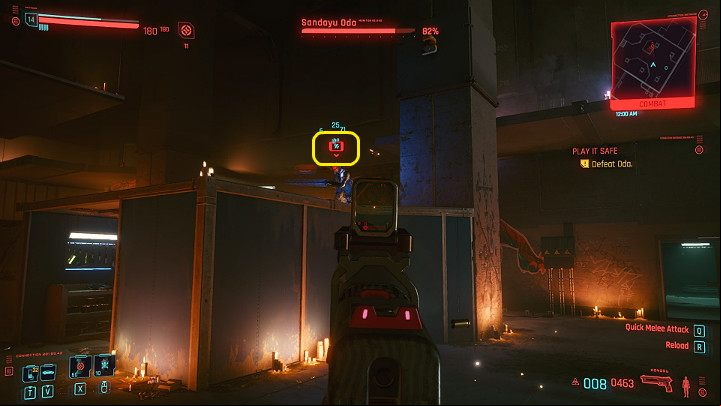 When an opponent receives damage from an EMP grenade, Oni Mask will turn off for a while (and he will not be able to use homing missiles using SMG) - Cyberpunk 2077: How to beat Oda? - Bosses - Cyberpunk 2077 Guide