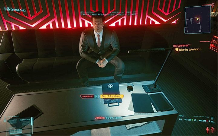 When you get to Jenkins' office, sit in the chair, and wait for the meeting to end - Cyberpunk 2077: The Corpo-Rat walkthrough - Corp life path quest - Life path quests - Cyberpunk 2077 Guide