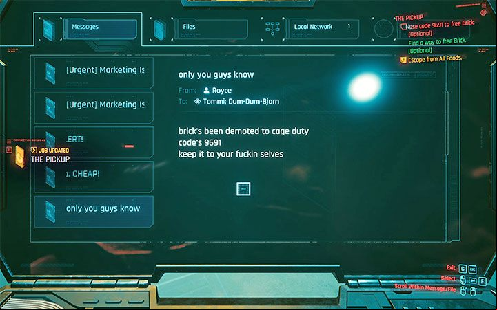 Start browsing messages from the inbox - Cyberpunk 2077: How to free Brick? - Puzzle solutions - Cyberpunk 2077 Guide