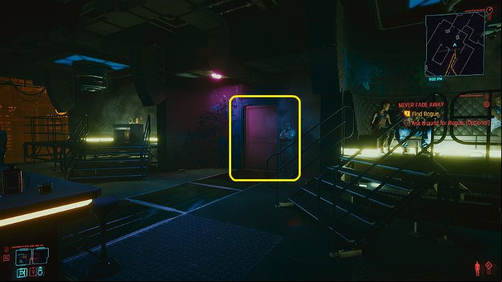 When you arrive, go to the top floor of the club and walk through the door on the right - a bodyguard will be standing nearby - Cyberpunk 2077: Transmission walkthrough - Act 2 - Cyberpunk 2077 Guide