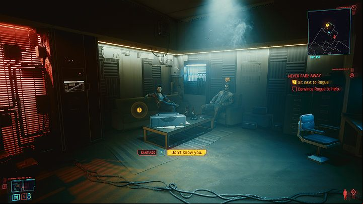 Rogue arrives in the company of Santiago, a local dealer you may from the main job Disasterpiece - Cyberpunk 2077: Transmission walkthrough - Act 2 - Cyberpunk 2077 Guide