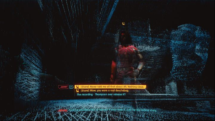 You can now talk to Johnny about what happened at the Arasaka Tower and about the connection between Silverhand and Alt - Cyberpunk 2077: Transmission walkthrough - Act 2 - Cyberpunk 2077 Guide
