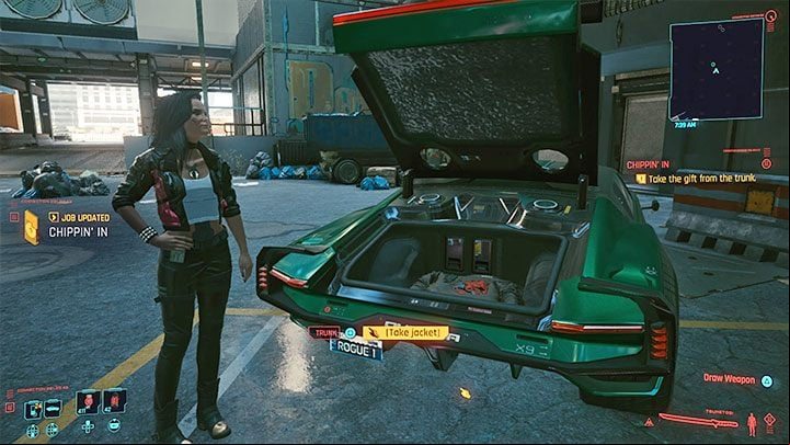 Leave the Afterlife club and open the trunk of Claire's car - Cyberpunk 2077: Chippin In (Rogue, Johnny) - walkthrough - Storyline quests - Cyberpunk 2077 Guide