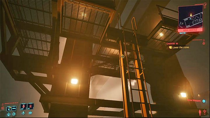 Go to the ladder shown in the picture to reach the metal balcony - Cyberpunk 2077: Chippin In (Rogue, Johnny) - walkthrough - Storyline quests - Cyberpunk 2077 Guide