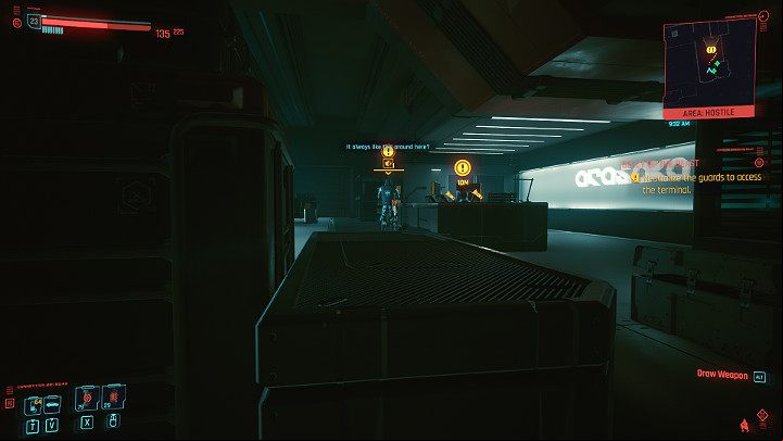 Hide behind a box and wait for the guards to finish the conversation - Cyberpunk 2077: Belly of the Beast - walkthrough - Act 3 - Cyberpunk 2077 Guide