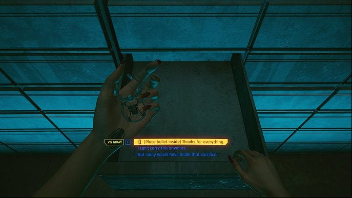 Johnny gets off in front of the cemetery and asks the man to wait for him in his car - Cyberpunk 2077: Nomad ending - cooperation with Panam and Aldecaldos - Endings - Cyberpunk 2077 Guide