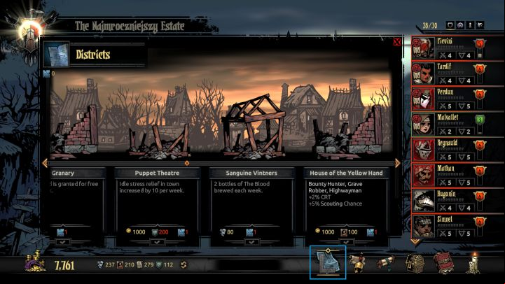 You can access the District screen with the new button located on the bottom of the screen. - Darkest Dungeon The Crimson Court: Districts - Game mechanics - Darkest Dungeon Game Guide & Walkthrough