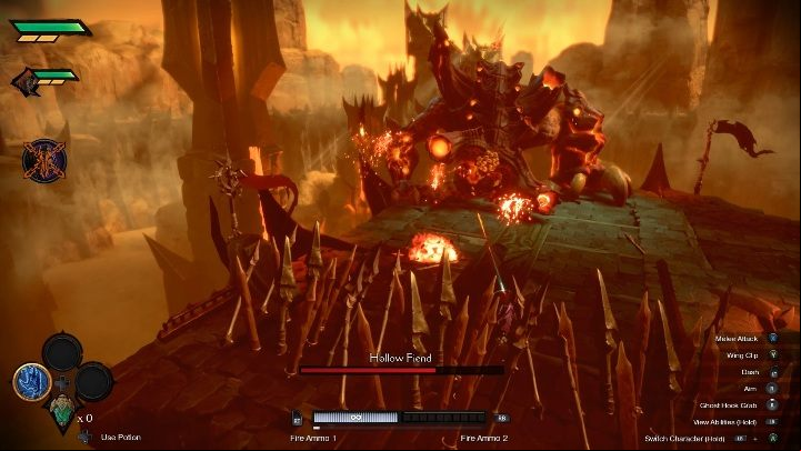 As for the last attack, the boss shoots lava from his horns - Hollow Fiend - Chapter 1 | Boss in Darksiders Genesis - Bosses and mini-bosses - Darksiders Genesis Guide