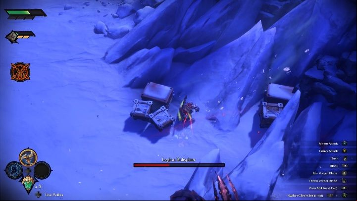 You can also hide behind the rocks - the bosss projectiles wont go through them - Legion Boltspitter - Chapter 5 | Boss in Darksiders Genesis - Bosses and mini-bosses - Darksiders Genesis Guide