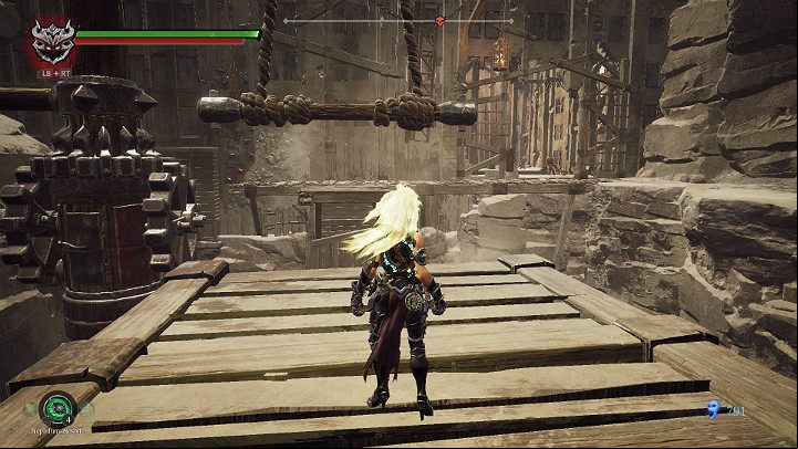 The wheel will start to rotate until the trapeze stops in the right position and you can jump to the other side - The Scar | Darksiders 3 Walkthrough - Walkthrough - Darksiders 3 Guide