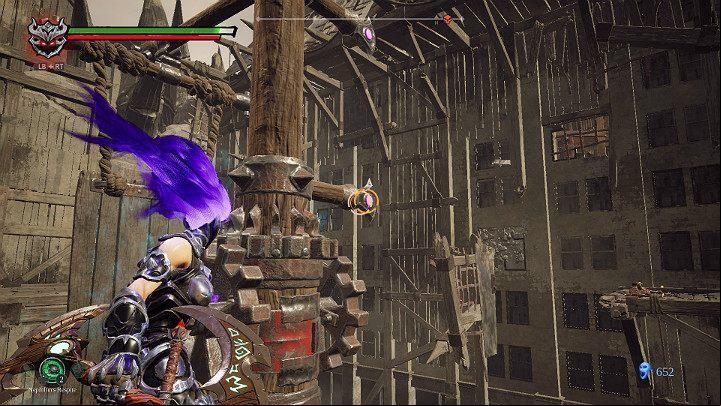 Now you have to hit the toothed wheel to set the trapeze in motion - The Scar | Darksiders 3 Walkthrough - Walkthrough - Darksiders 3 Guide