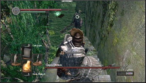 Step 3 - Capra will run on the stairs. Once he is close to you, jump to the left to the floor. - Capra Demon | How to kill a boss - How to kill a boss - Dark Souls Game Guide & Walkthrough