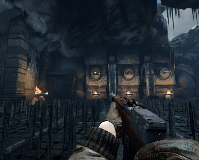 Chamber with spears, shoot the spinning tiles to unlock the way forward. - Arctic Base | Walkthrough - Walkthrough - Deadfall Adventures Game Guide & Walkthrough