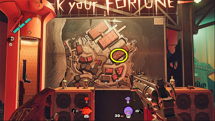 Once you enter the building, you'll notice a district map with different dots on it - Deathloop: Super Shifty - walkthrough - The clues of the arsenal - Deathloop Guide