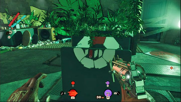 The second hint is on the ground floor, to the right of the closed age - Deathloop: Super Shifty - walkthrough - The clues of the arsenal - Deathloop Guide