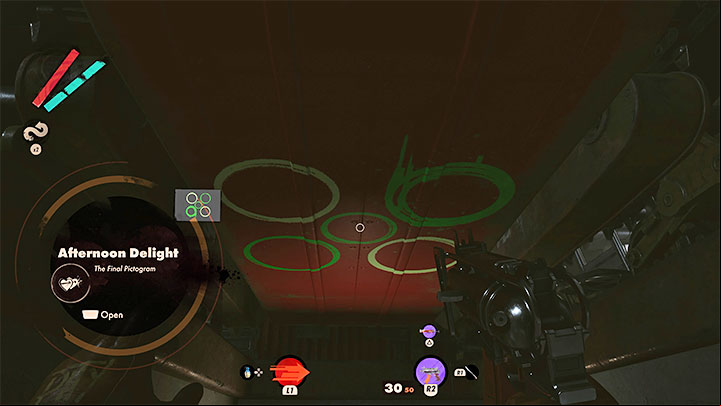 If the pictogram description mentions a behemoth on wheels, you should take interest in the vehicle on tracks shown on picture 1 - Deathloop: Afternoon Delight - walkthrough - Visionary Leads - Deathloop Guide
