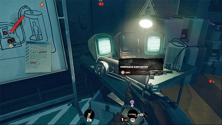 After killing the last Wenjie (she will turn into a large motionless creature), return to the board with attached notes and find Portable Harvester - the picture above shows the device - Deathloop: Ubiquity - walkthrough - The clues of the arsenal - Deathloop Guide