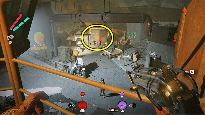 In the bunker, you need to head towards the huge gate with a red x painted on it, which we have marked in the screenshot - Deathloop: In This Together - walkthrough - The clues of the arsenal - Deathloop Guide
