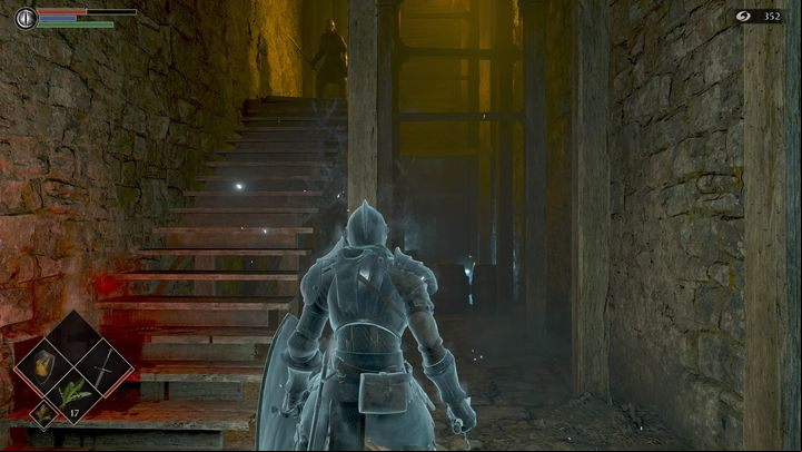 In the middle is an opponent on the stairs - Demons Souls Remake: Gates Of Boletaria (1-1) - walkthrough - Boletarian Palace (Region 1) - Demons Souls Remake Guide