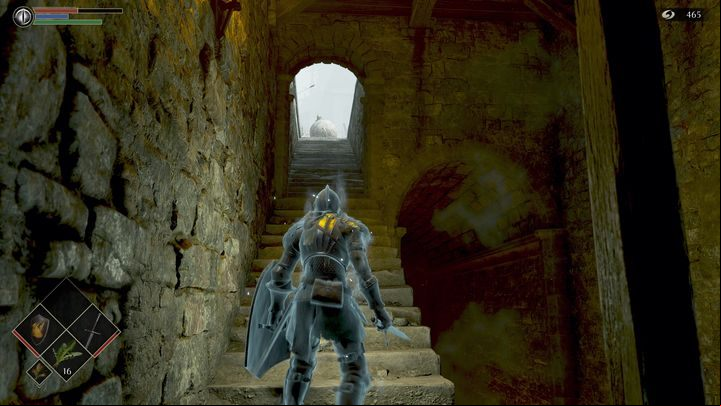 Going up the stairs, beware of the boulder, which will roll down the stairs, ramming you - Demons Souls Remake: Gates Of Boletaria (1-1) - walkthrough - Boletarian Palace (Region 1) - Demons Souls Remake Guide