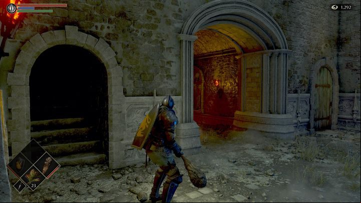 On the right side there are wooden doors, while the stairs on the left lead to the higher level of the tower - Demons Souls Remake: The Lords Path (1-2) - solution, walkthrough - Boletarian Palace (Region 1) - Demons Souls Remake Guide
