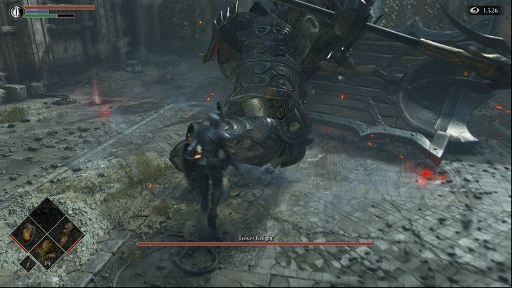 You should mainly target the Tower Knight's legs - Demons Souls remake: Tower Knight - boss, how to defeat? - Demons Souls Remake: Bosses - Demons Souls Remake Guide