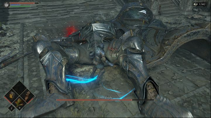 Just as the boss falls on his back, walk up to his head and attack him right there - Demons Souls remake: Tower Knight - boss, how to defeat? - Demons Souls Remake: Bosses - Demons Souls Remake Guide