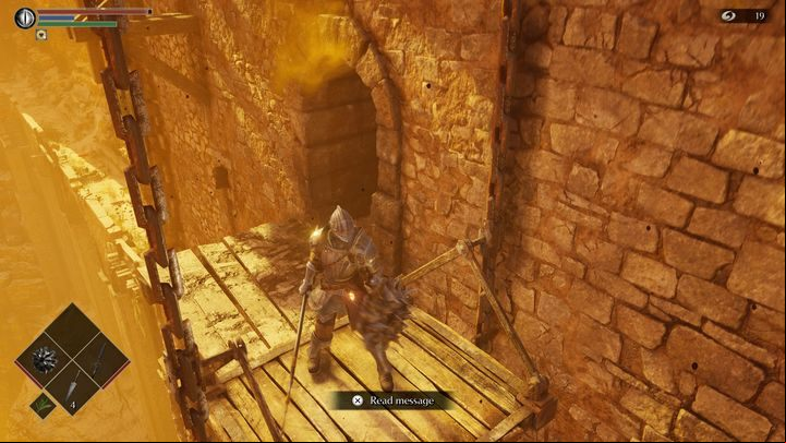 Wait until the elevator is at the same level as you, then get on it - Demons Souls Remake: Smithing Grounds(2-1) - walkthrough - Tunnel of the Stone Fang (Region 2) - Demons Souls Remake Guide