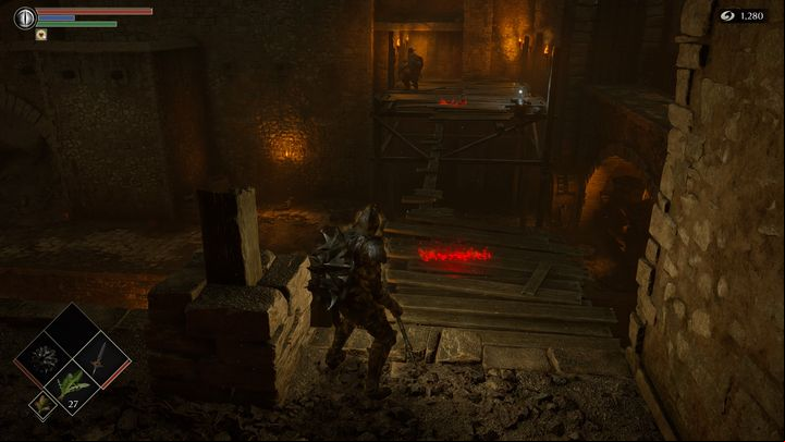 So that you do not have to go up again, stick to the left side of the bridge - Demons Souls Remake: Smithing Grounds(2-1) - walkthrough - Tunnel of the Stone Fang (Region 2) - Demons Souls Remake Guide