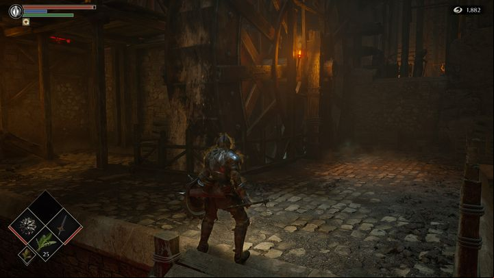 Now head up the stairs towards the water wheel - Demons Souls Remake: Smithing Grounds(2-1) - walkthrough - Tunnel of the Stone Fang (Region 2) - Demons Souls Remake Guide