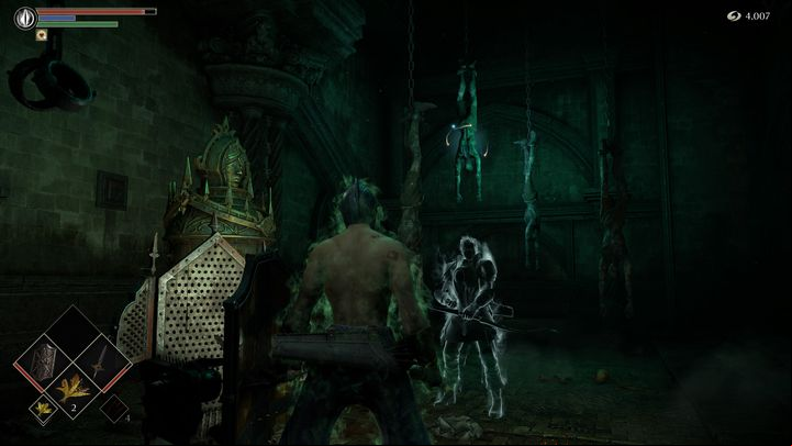 In the middle of the cell there is an iron maiden, which you can open; aside from that, you will find several objects (you'll have to shoot down the hanging corpse to do so) - Demons Souls Remake: Prison of Hope (3-1) - walkthrough - Tower of Latria (Region 3) - Demons Souls Remake Guide