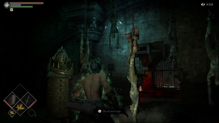In the next cell you will find several hanging bodies, items and iron maidens - Demons Souls Remake: Prison of Hope (3-1) - walkthrough - Tower of Latria (Region 3) - Demons Souls Remake Guide