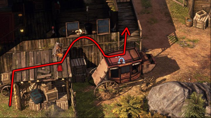 Be interested in the small scaffolding (M3,8) shown in the picture - Desperados 3: Kill Wild Marge - mission 3, walkthrough - Mission 3 - Troublemakers in Flagstone - Desperados 3 Guide