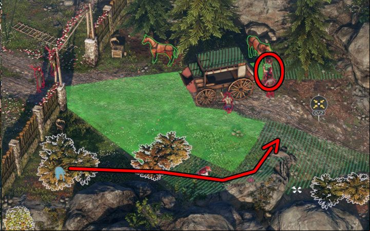 Get rid of two guards next to the bushes (while playing as Cooper) - one of them is standing, the other one is sitting in a chair - Desperados 3: Escape from the estate - mission 4, walkthrough - Mission 4 - Until Death Do Us Part - Desperados 3 Guide