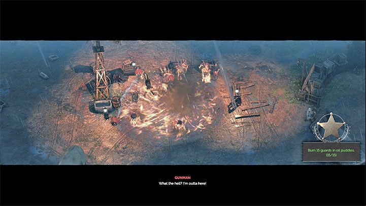 This challenge forces you to guard yourself throughout the entire mission and set fire to as many enemies as possible by throwing torches into the puddles of tar oil - Desperados 3: Mission 5 - map, badges - Mission 5 - The Magnificent Five - Desperados 3 Guide