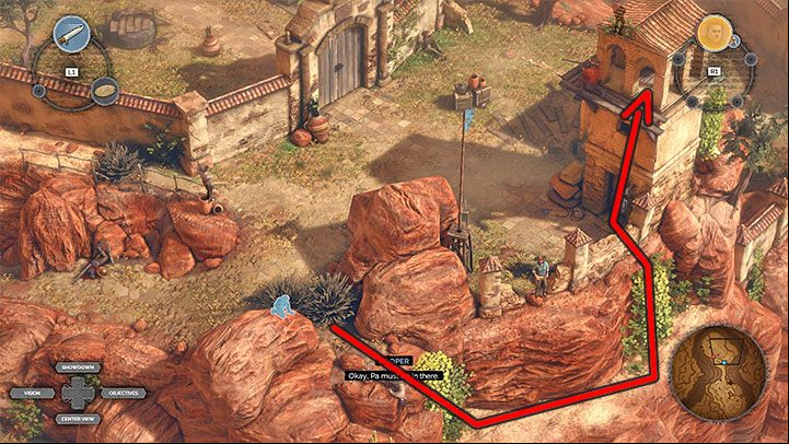 You get to the area with the tower (M7,4) - here you have to watch out for a sniper stationed on the tower - Desperados 3: Reach the chapel - mission 7, walkthrough - Mission 7 - One Good Shot - Desperados 3 Guide