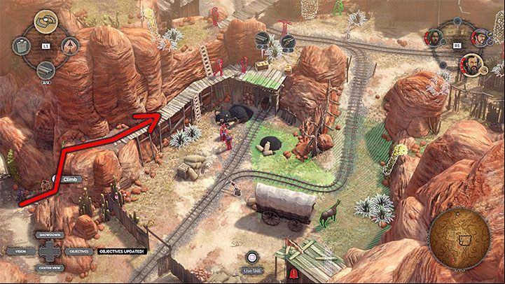 This option involves choosing the path to the right(M13,10), which is the one starting near the barn, with the gunpowder cart parked in front of it - Desperados 3: Push the wagon to the gate - mission 13, walkthrough - Mission 13 - A Cart Full of Gunpowder - Desperados 3 Guide