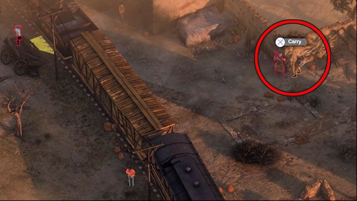 Kate and Hector begin this mission in the southern part of the map (M14,1) - Desperados 3: Get a disguise for Kate - mission 14, walkthrough - Mission 14 - The Wages of Pain - Desperados 3 Guide