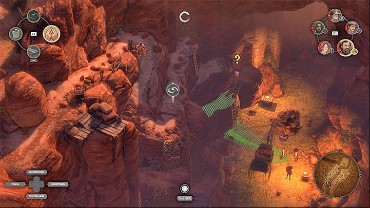You have to go down to the canyon and there are paths on both sides leading down (M16,3) - Desperados 3: Get a disguise - mission 16, walkthrough - Mission 16 - The Old and The New - Desperados 3 Guide