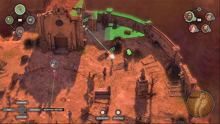 One of the enemies on the right can be dragged away by Hectors whistling - Desperados 3: Kill Frank and his men; final boss - mission 16, walkthrough - Mission 16 - The Old and The New - Desperados 3 Guide