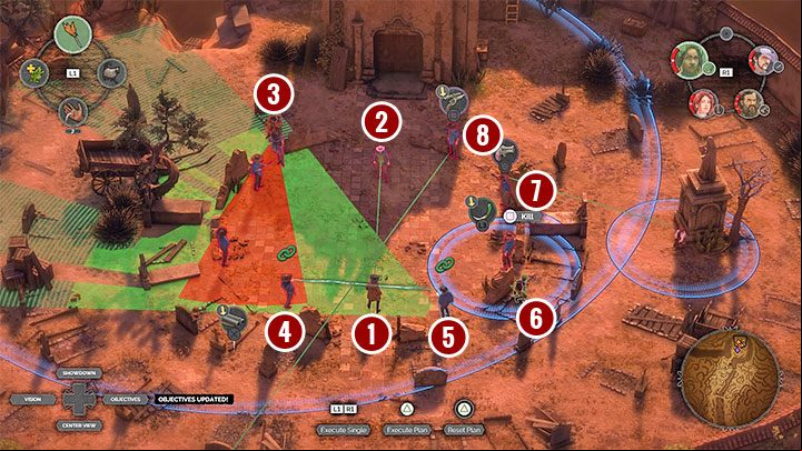The image above shows an example of the correct placement of the team with an action plan for each of them - Desperados 3: Kill Frank and his men; final boss - mission 16, walkthrough - Mission 16 - The Old and The New - Desperados 3 Guide