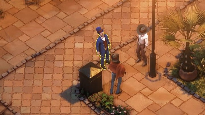 Raymond Irving resides in the grounds of the Pleasure House (M10,2), and its not the roof on which you could get a disguise about Kate, its the main courtyard (M10, 5) - Desperados 3: Check 3 suspects - mission 10, walkthrough - Mission 10 - Back Alley Jazz - Desperados 3 Guide