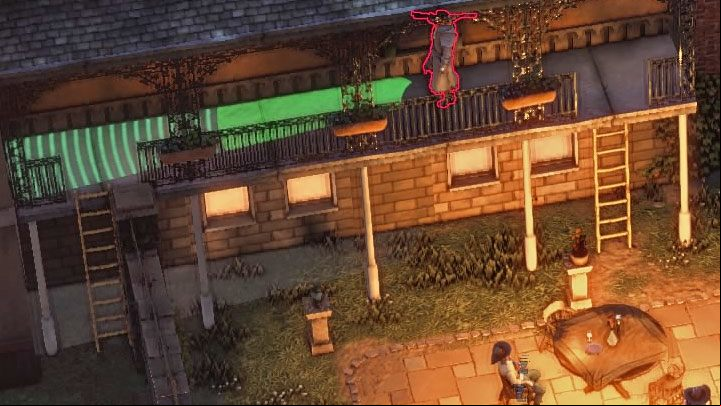 A Long Coat strolling through the balconies will be a problem in sneaking up on McGain and eliminating the usual opponents in the cafe area, - Desperados 3: Check 3 suspects - mission 10, walkthrough - Mission 10 - Back Alley Jazz - Desperados 3 Guide