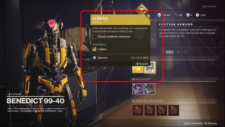 To purchase the above-mentioned note, go to Benedict 99-40 NPC, who can be found in The Tower, near Drifters position - Destiny 2: Lumina revolver - how to get? - Exotic Weapon Quests - Destiny 2 Game Guide