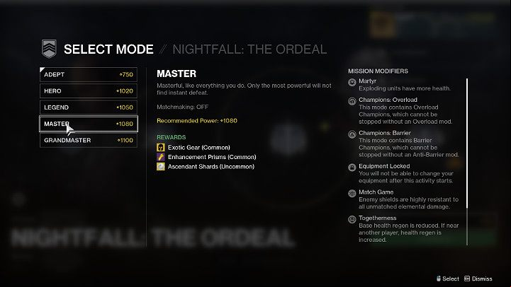 In the Nightfall: The Ordeal mission there are 5 difficulty levels to choose from - Destiny 2: Vanguard - game mode - Game modes - Destiny 2 Game Guide