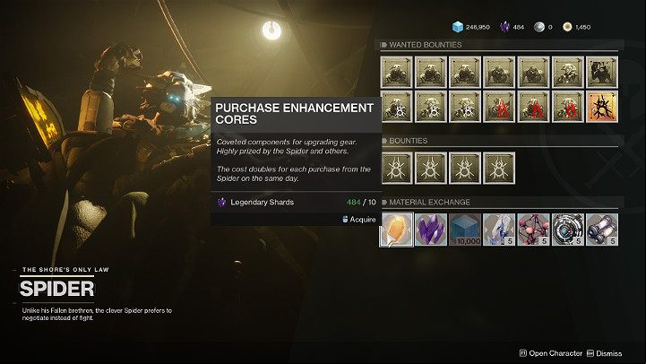 While buying Enhancement Cores from Spider, you need to note that only one per day is available at the price of 10 Legendary Shards - Destiny 2: Masterwork Weapons - Equipment - Destiny 2 Game Guide