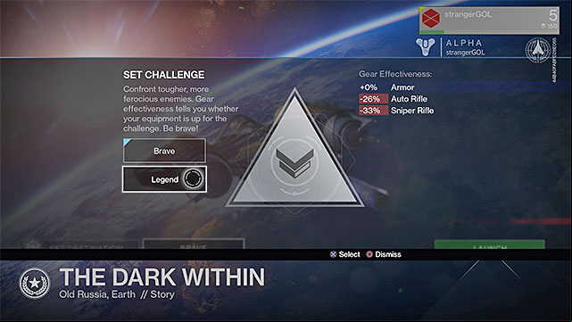 Before starting a story mission, you can select its difficulty level - Story | Types of missions - Types of missions - Destiny Game Guide